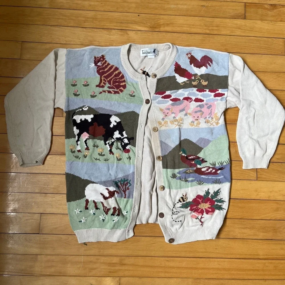 Vintage Tulchan Novelty Cardigan Sweater Cream Multicolor Medium - Picture 1 of 5